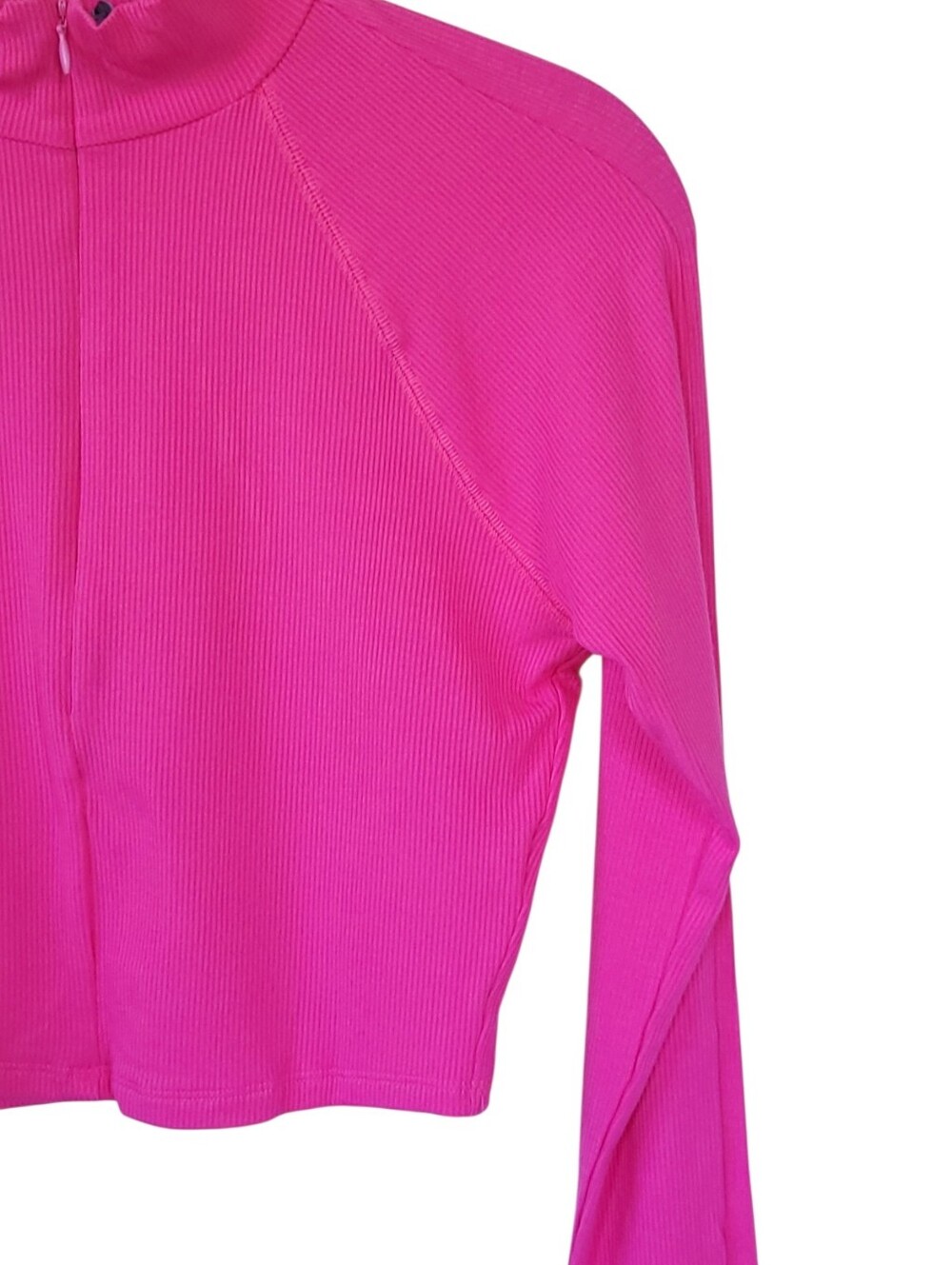 Naked Wardrobe NWOT Hot Pink Ribbed 1/2 Zip Crop Mock Neck Top Y2K Baddie L - Picture 5 of 12